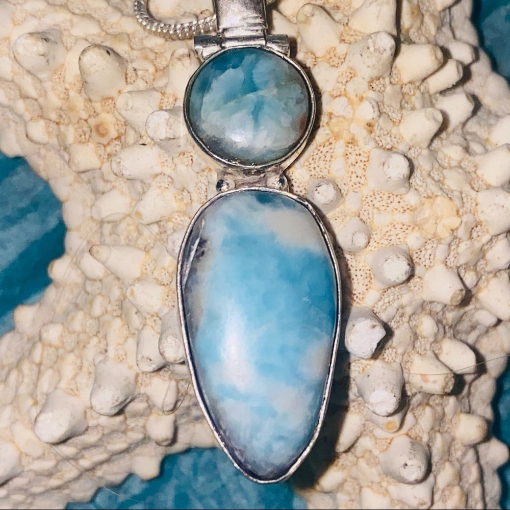 Blue Larimar Double Stone Pendant set in Sterling Silver